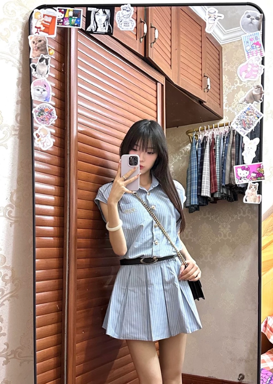 Pretty A Line Strip Pleated Casual Date Dress Women Summer Skirt with Belt D1943