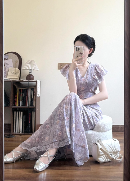 Elegant V-line Lace Hem Mermaid Long Dress Seaside Date Dress Women Summer Skirt D1944