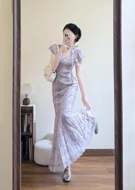 Elegant V-line Lace Hem Mermaid Long Dress Seaside Date Dress Women Summer Skirt D1944