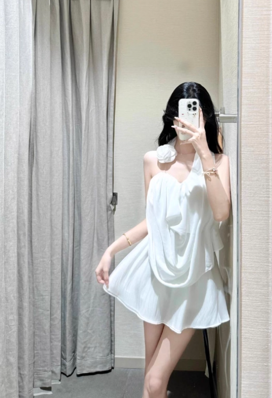 Elegant White Halter Pleated Ruffle Dress Seaside Date Dress Women Summer Short Skirt D1945