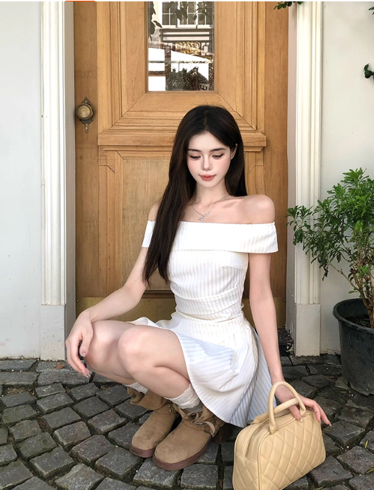 Elegant A Line Off the Shoulder Strip Pleated Irregular Dress Seaside Date Dress Women Summer Two Piece Set Short Skirt D1946