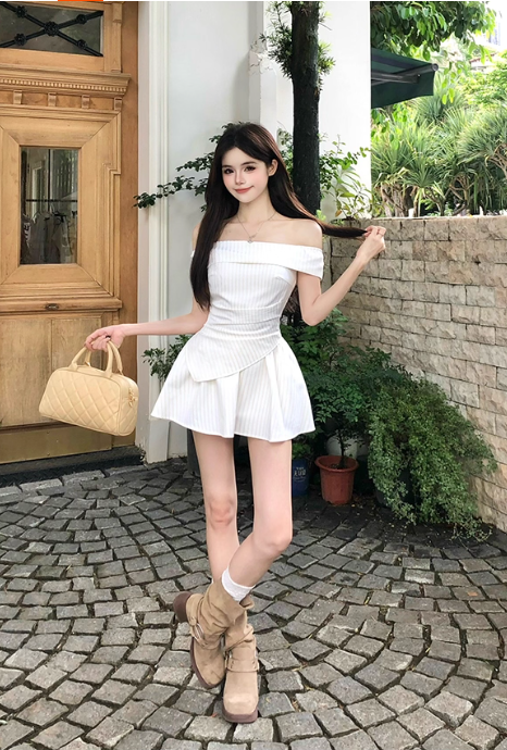 Elegant A Line Off the Shoulder Strip Pleated Irregular Dress Seaside Date Dress Women Summer Two Piece Set Short Skirt D1946