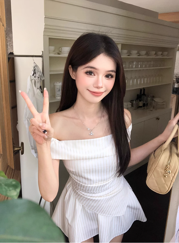 Elegant A Line Off the Shoulder Strip Pleated Irregular Dress Seaside Date Dress Women Summer Two Piece Set Short Skirt D1946