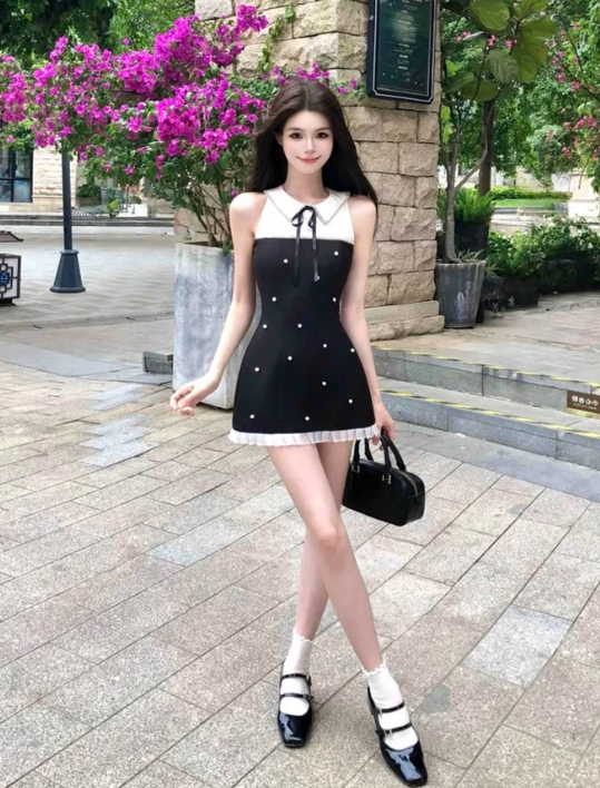 Beauty A Line Lace up Pearl Splicing Pleated Hem Vacation Seaside Date Dress Women Summer Short Skirt D1947