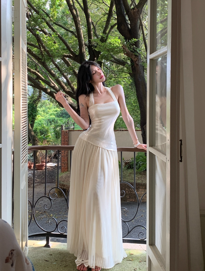 Sexy Shiny Halter Pleated Long Skirt Women Summer Vacation Date Dress D1949