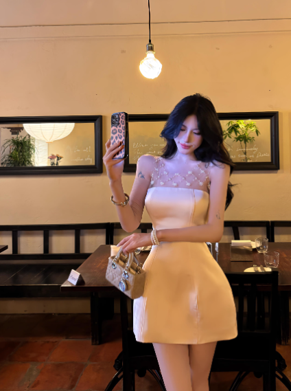 Elegant A Line Crew Neck Beading Tulle Short Party Skirt Women Summer Vacation Seaside Date Dress D1952