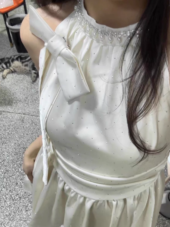 Shiny Pearl Rhinestone Bowknot Pleated Short Party Dress Women Summer Sweet Princess Dress D1957