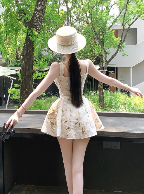 Elegant Spaghetti Straps A Line Printing Pleated Casual Short Vacation Dress Women Summer Date Dress D1961