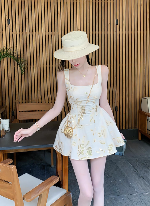 Elegant Spaghetti Straps A Line Printing Pleated Casual Short Vacation Dress Women Summer Date Dress D1961