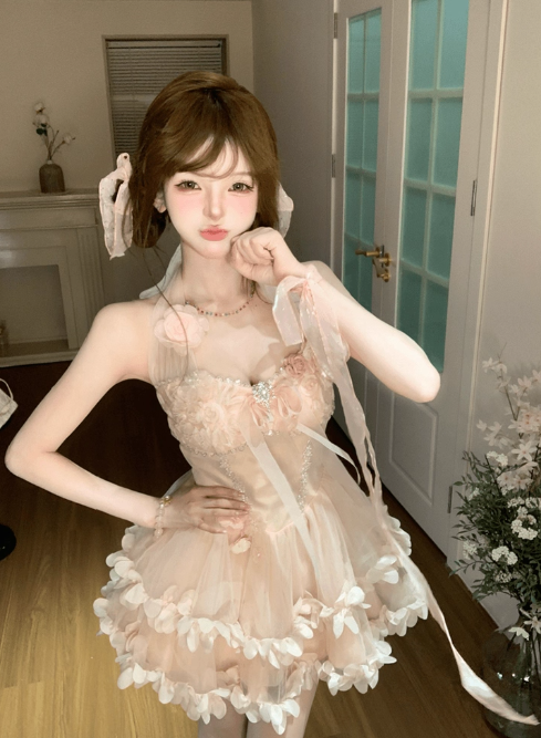 Sweet Halter Floral Pleated Lace up Tulle Short Summer Party Dress Women Vacation Date Dress D1968