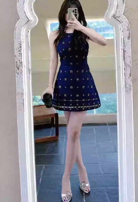Pretty A Line Halter Print Short Date Skirt Women Summer Party Dress D1971