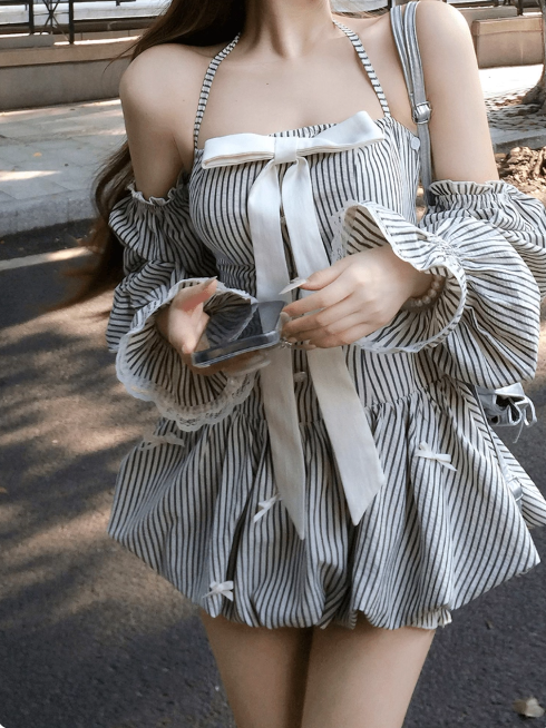 Sweet Halter Strip Bowknot Short Summer Skirt Women Date Dress D1972