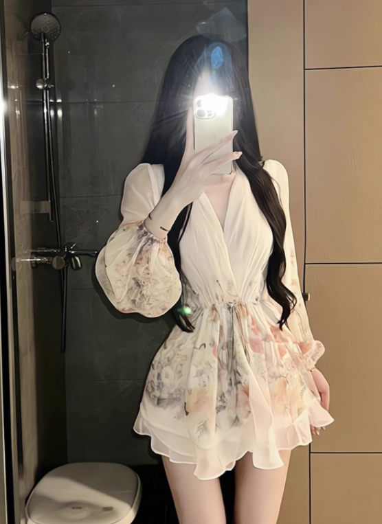 Elegant V-neck Print Ruffle Puff Sleeve Short Summer Skirt Women Date Party Dress D1973