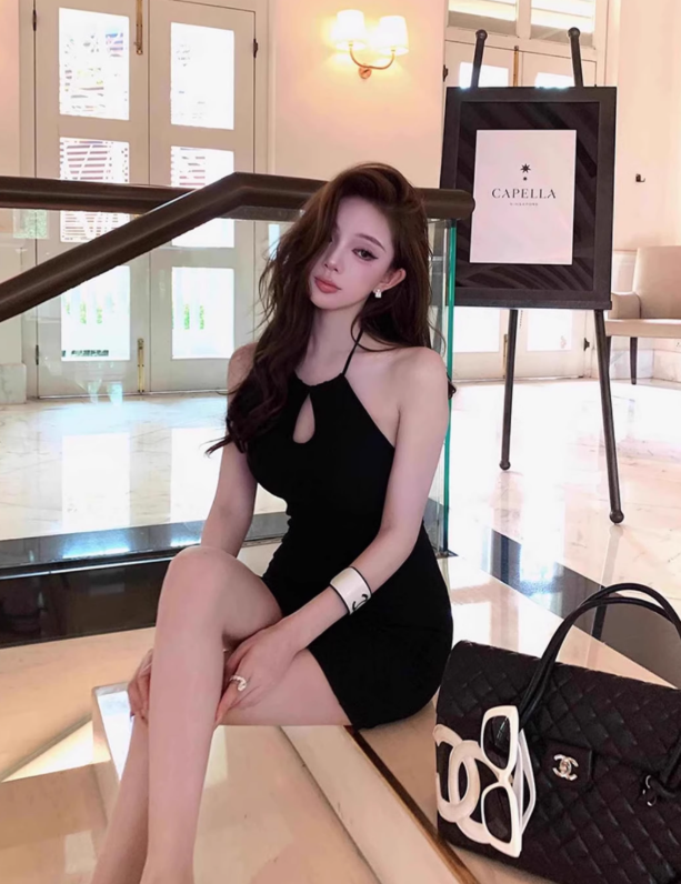 Minimalist Black Halter Sheath Short Summer Party Skirt Women Date Dress D1975