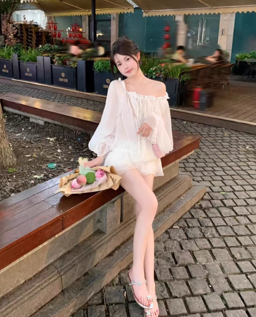 Sweet Off the Shoulder Pleated Short Summer Vacation Skirt Women Date Dress D1978