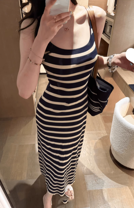 Casual Spaghetti Straps Strip Maxi Dress Summer Vacation Skirt Women Date Dress D1979