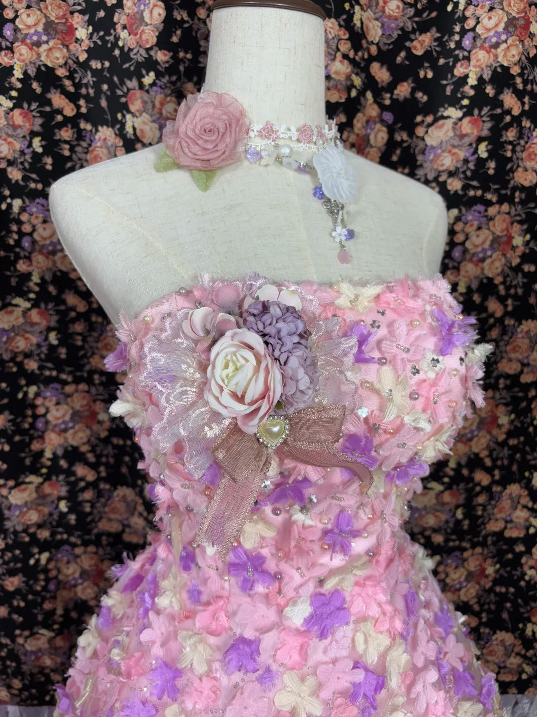 Cute Strapless Floral Tiered Ruffle Birthday Party Dress Quinceanera Dress Prom Dress Evening Dress D1985