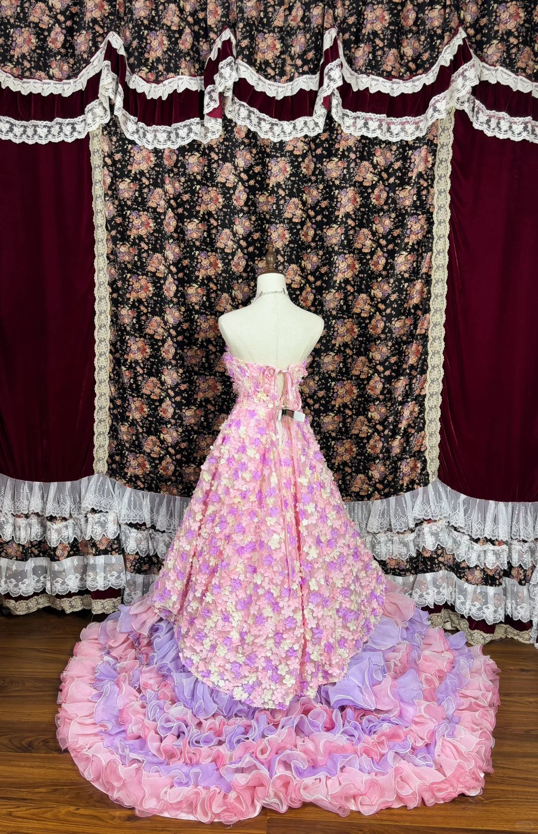Cute Strapless Floral Tiered Ruffle Birthday Party Dress Quinceanera Dress Prom Dress Evening Dress D1985