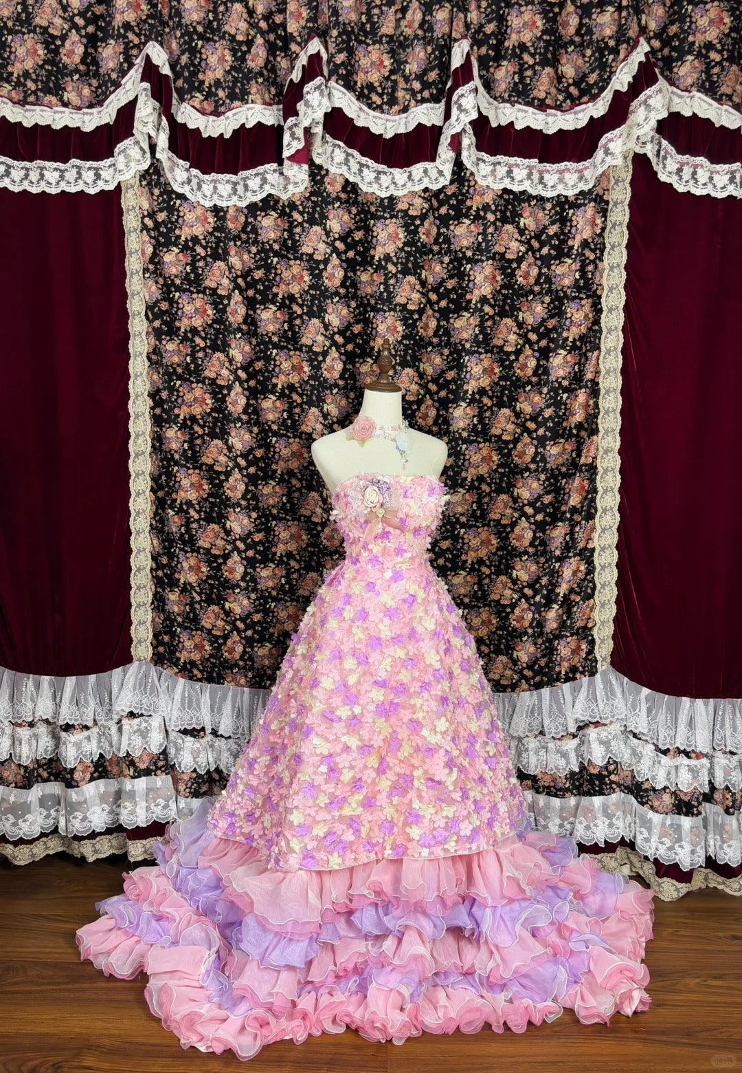 Cute Strapless Floral Tiered Ruffle Birthday Party Dress Quinceanera Dress Prom Dress Evening Dress D1985