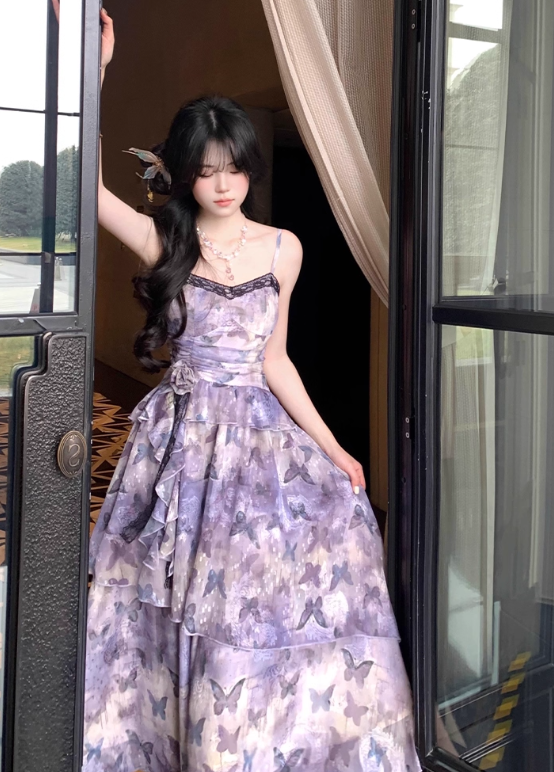 Versatile Spaghetti Straps Lace Print Butterfly Pleated Tiered Ruffle Maxi Dress Women Summer Dress D1993
