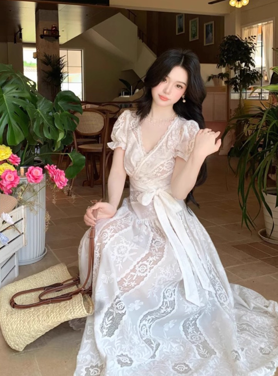 Elegant V-neck Lace Embroidered Lace up Maxi Dress Women Summer Vacation Dress D1994