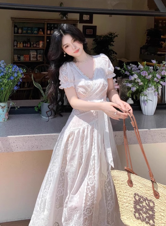 Elegant V-neck Lace Embroidered Lace up Maxi Dress Women Summer Vacation Dress D1994