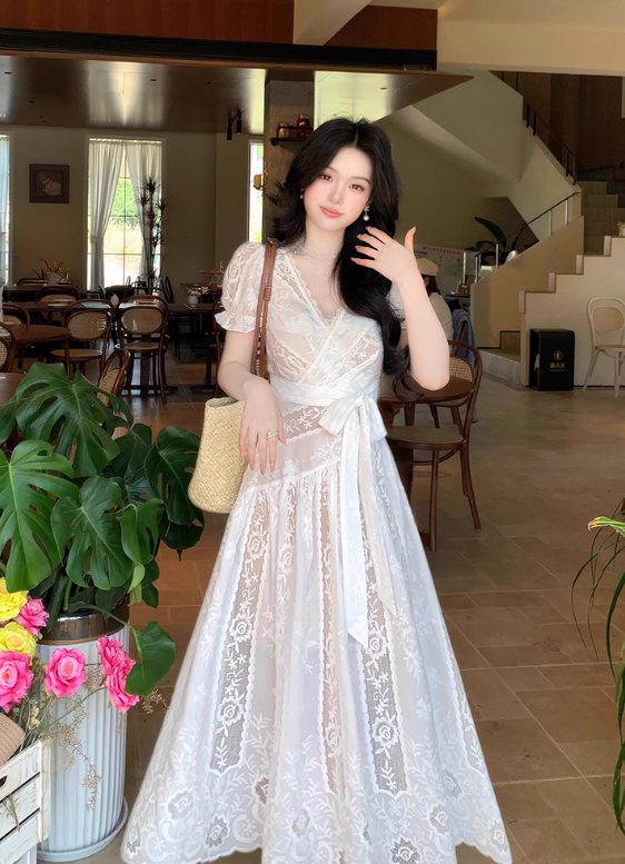 Elegant V-neck Lace Embroidered Lace up Maxi Dress Women Summer Vacation Dress D1994