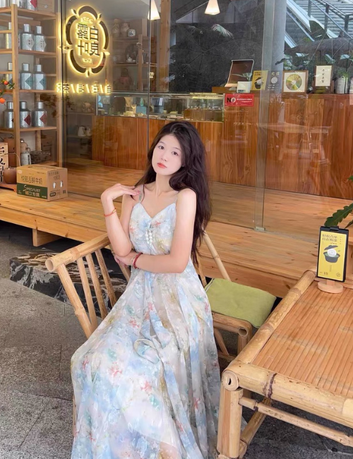 Pretty Halter Oil Painting Style Pleated Maxi Women Skirt Vacation Summer Seaside Dress D1995