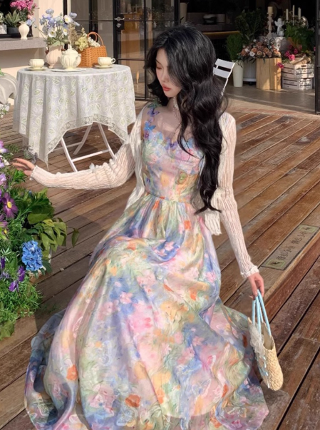 Vintage Spaghetti Straps Oil Painting Floral Butterfly Vacation Maxi Dress Summer Seaside Dress D1996