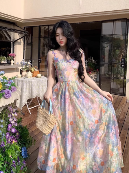 Vintage Spaghetti Straps Oil Painting Floral Butterfly Vacation Maxi Dress Summer Seaside Dress D1996