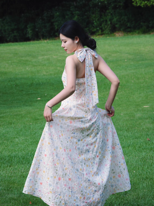 Cute A Line Halter Floral Maxi Dress Summer Vacation Seaside Dress Women Dress D1999
