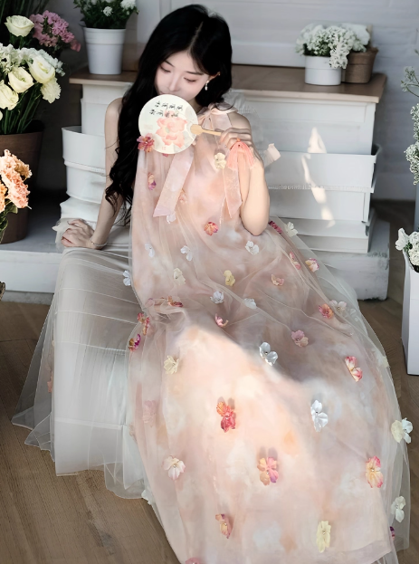 Seaside Halter 3D Flower Tulle Printing Vacation Beach Summer Dress Women Date Dress D2002