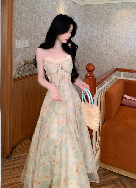 Versatile Spaghetti Straps Lace Neck Lace up Floral Pleated Maxi Dress Women Summer Vacation Dress D2003