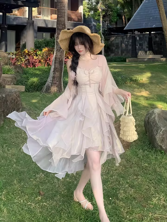 Vacation Spaghetti Straps Pleated Ruffle Asymmetrical Hem Short Skirt Women Summer Dress D2016