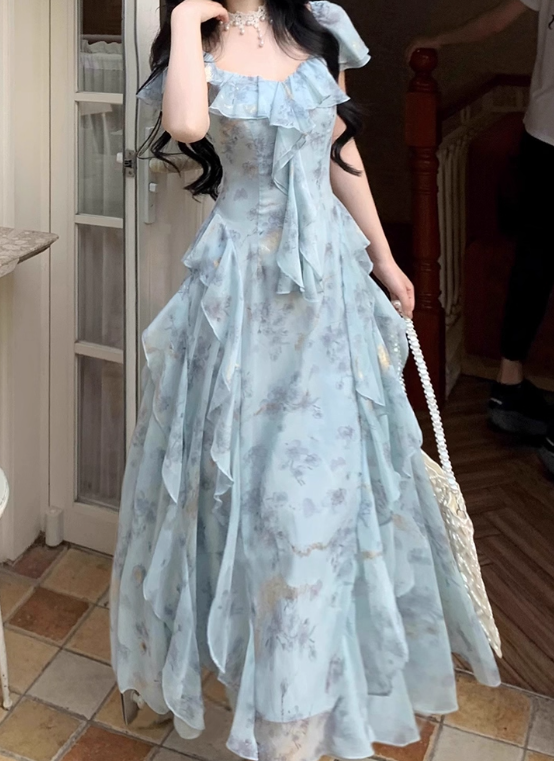 Vacation Square Neck Printing Floral Ruffle Maxi Skirt Women Dress Summer Seaside Dress D2017