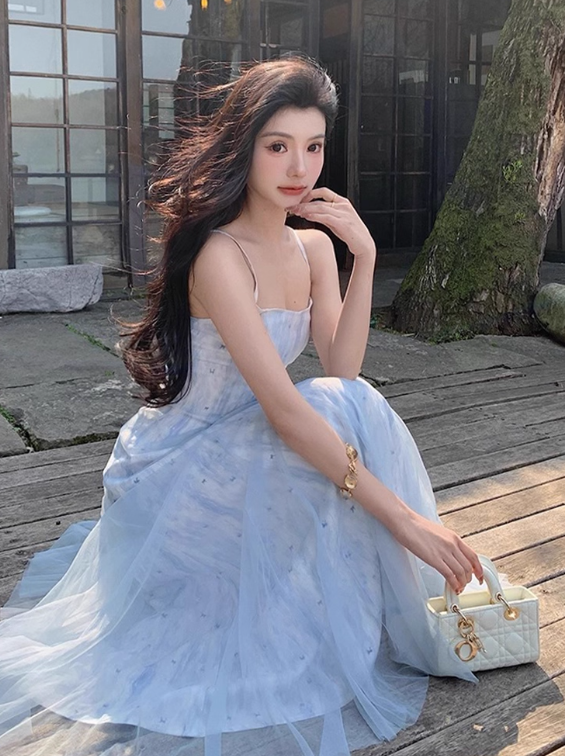 Vacation A Line Spaghetti Straps Printing Tulle Maxi Skirt Women Dress Summer Seaside Dress D2018