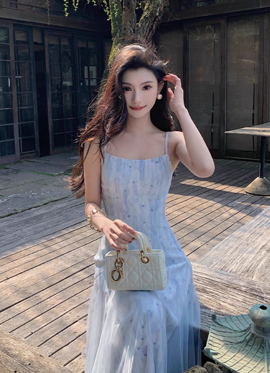 Vacation A Line Spaghetti Straps Printing Tulle Maxi Skirt Women Dress Summer Seaside Dress D2018