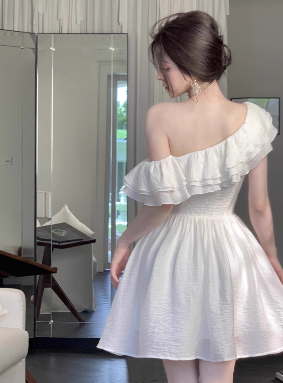 Elegant A Line Asymmetrical Neck Ruffle Short Skirt Women Dress Summer Date Dress D2019
