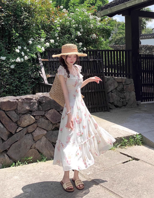 Seaside A Line Printing Floral Lace-up Pleated Skirt Women Dress Summer Date Dress D2020