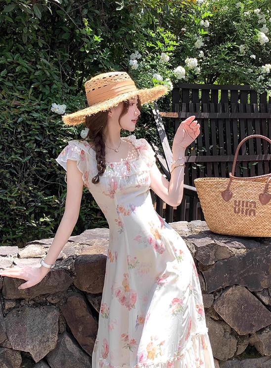 Seaside A Line Printing Floral Lace-up Pleated Skirt Women Dress Summer Date Dress D2020