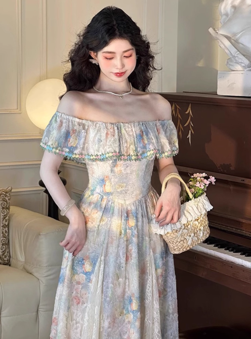 Vintage Oil painting A Line Square Neck Print Pleated Maxi Skirt Women Dress Summer Date Dress D2022