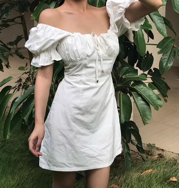 Minimalist Square Neck White Puffed Sleeves Short Skirt Casual Summer Women Dress D2023