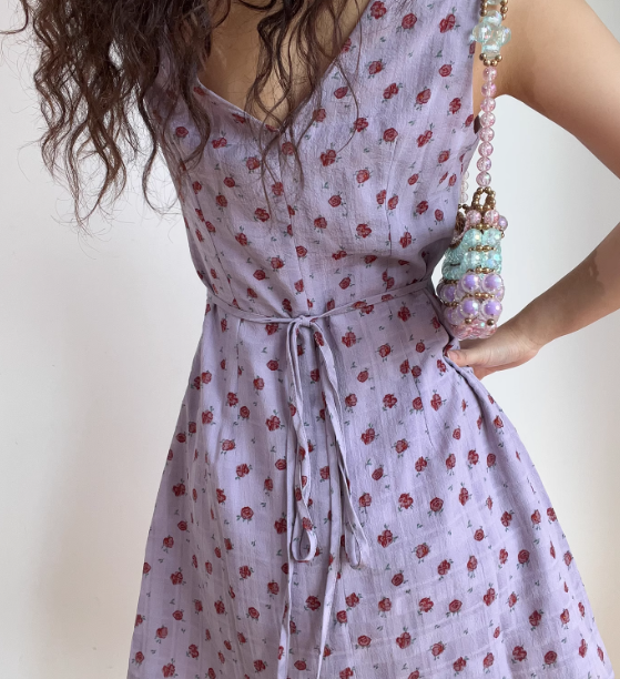 Vintage V-neck Printing Floral Lace up Short Skirt Summer Women Date Dress D2024