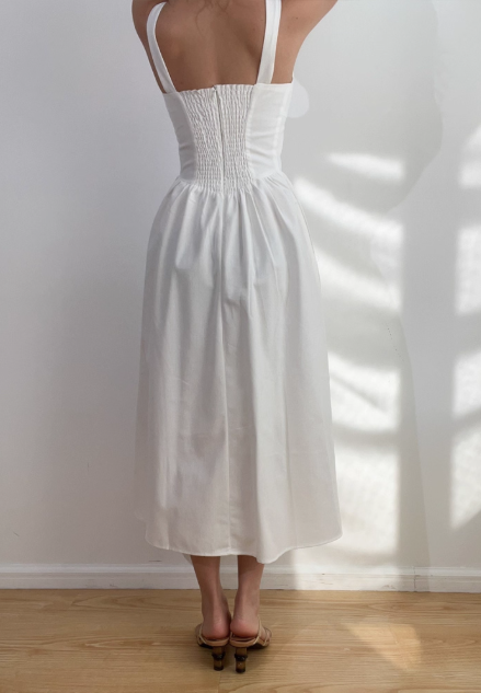 Minimalist Square Neck Lace up Long Skirt Vacation Casual Dress Women Summer Date Dress D2038