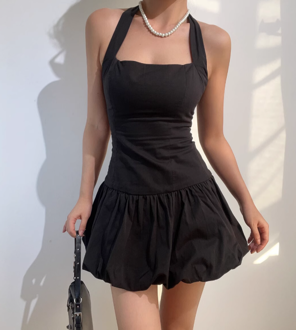 Casual Halter Pleated Short Skirt Party Date Dress Women Summer Dress D2039