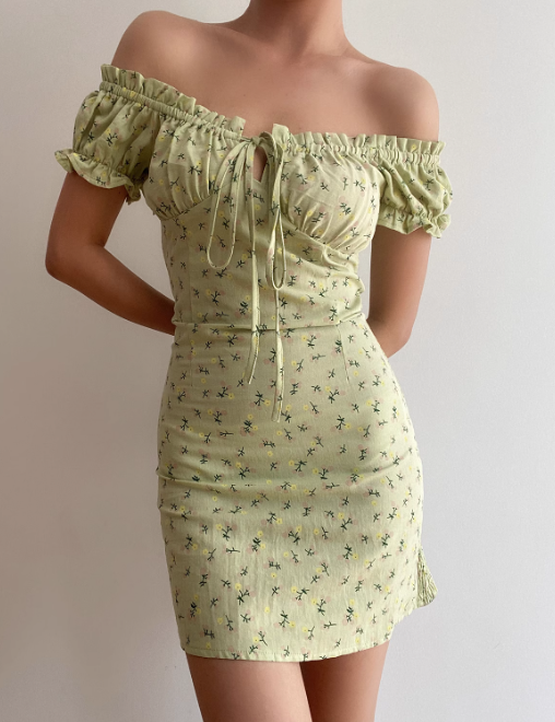 Cute Off the Shoulder Pleated Lace up Print Floral Fitted Short Skirt Women Summer Dress Date Dress D2040