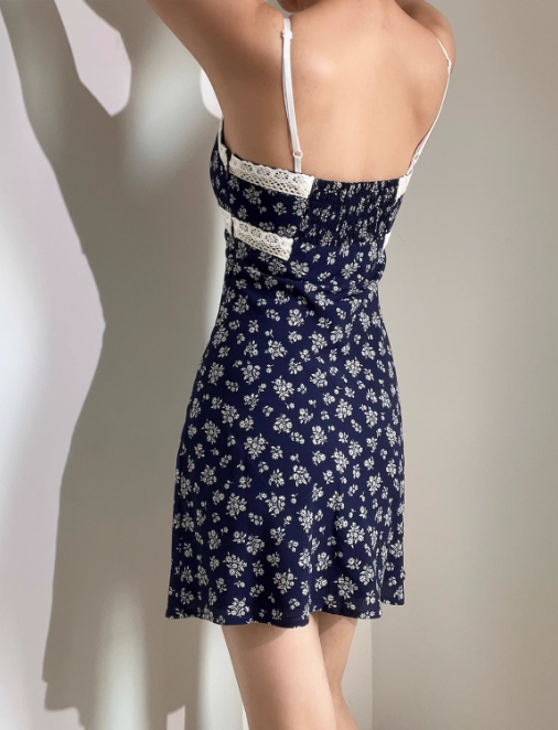 Popular Spaghetti Straps Lace up Print Floral Lace Short Skirt Women Summer Vacation Dress D2041