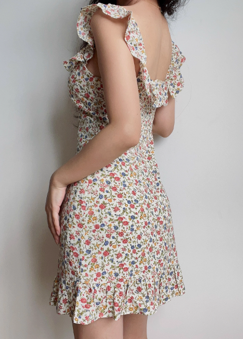 Cute Off the Shoulder Print Floral Ruffle Short Skirt Summer Vacation Seaside Dress Women Date Dress D2045