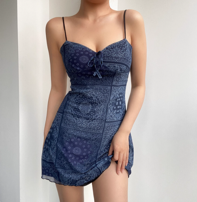 Vacation Spaghetti Straps Print Tulle Short Skirt Summer Seaside Dress Women Date Dress D2052