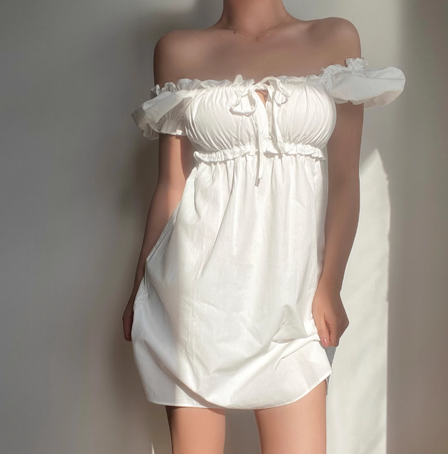 Casual Off the Shoulder Puffed Sleeves Pleated Short Skirt Women Summer Dress Vacation Dress D2053